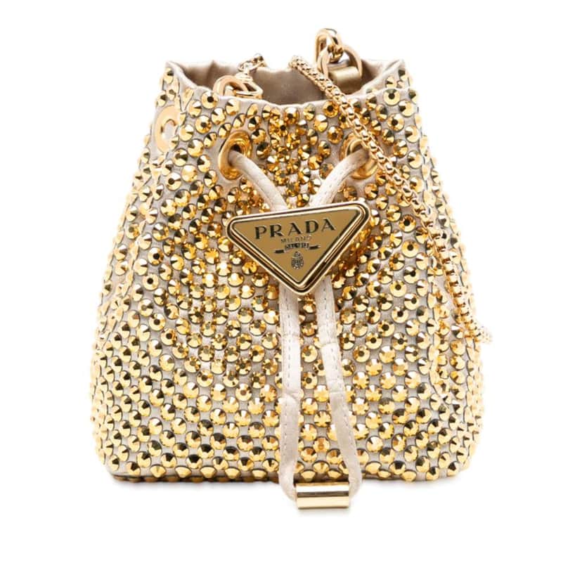 Prada Mini Re Nylon Crystal Embellished Drawstring Bucket Bag Gold Good condition - Front View