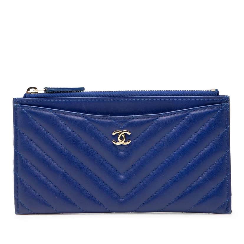 Chanel CC Chevron Calfskin Zip Wallet Blue Leather Good condition - Front View