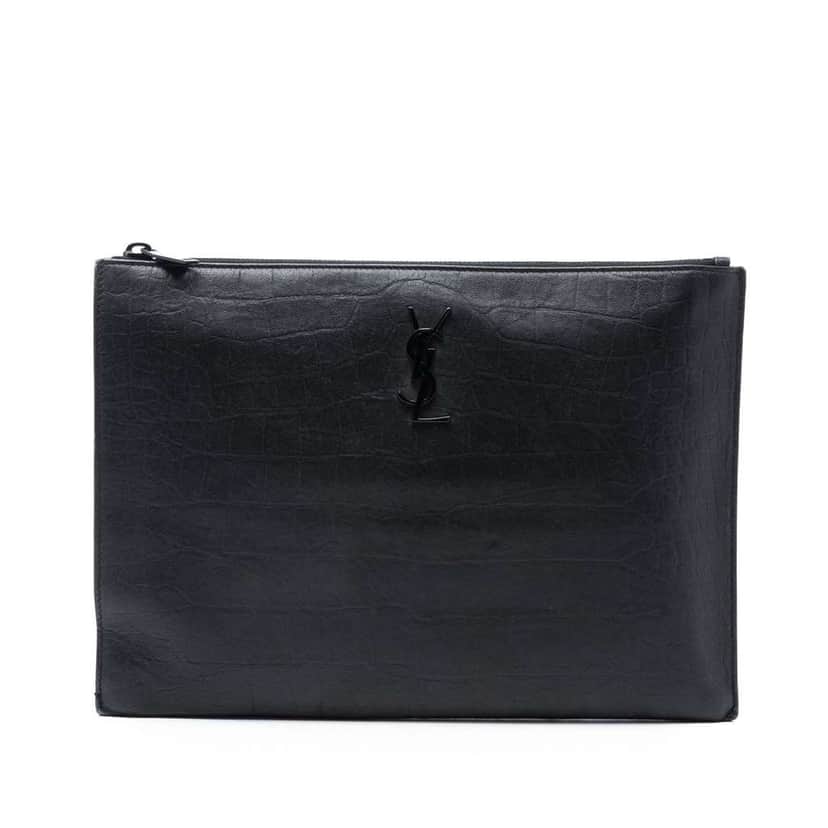 Saint Laurent Croc Embossed Leather Monogram Zip Pouch Black Leather Very good condition - Front View