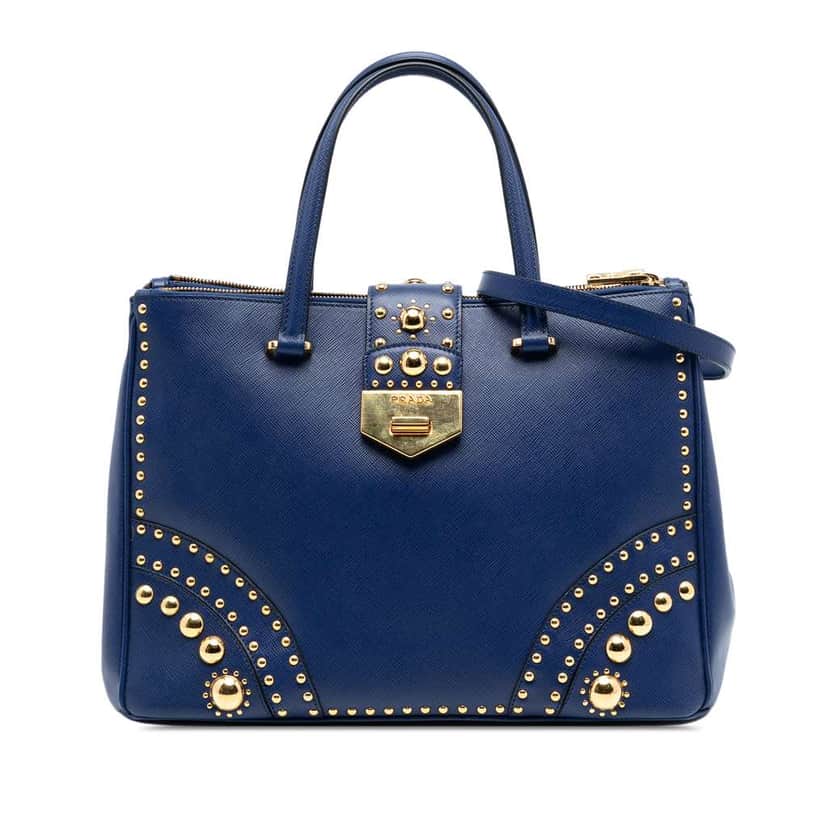 Prada Saffiano Turnlock Double Zip Studded Tote Blue Leather Good condition - Front View