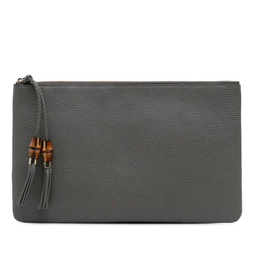 Gucci Calfskin Bamboo Tassel Clutch Grey Leather Good condition - Front View