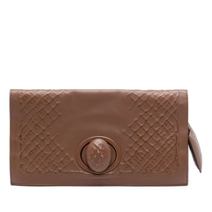 Bottega Veneta Nappa Embossed Intrecciato Turnlock Clutch Brown Leather Very good condition - Front View