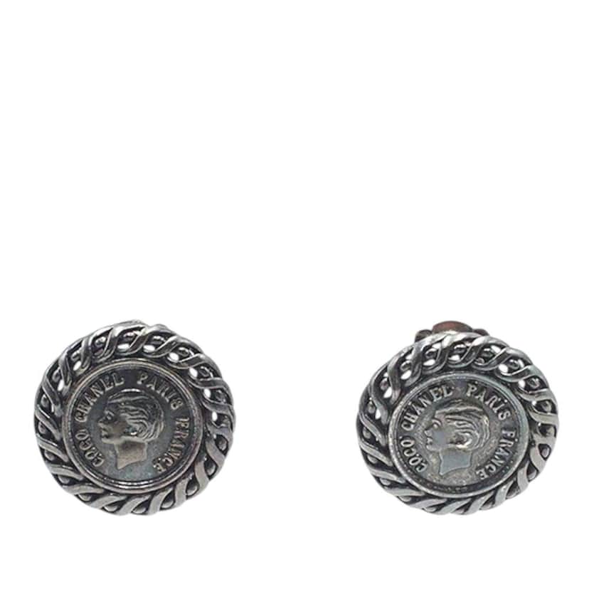 Chanel Gunmetal Plated Medallion Clip on Earrings Black Brass Good condition - Front View