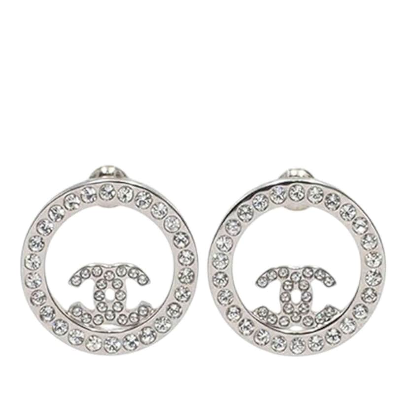 Chanel Silver Plated CC Rhinestones Round Push Back Earrings Silver Metal Good condition - Front View