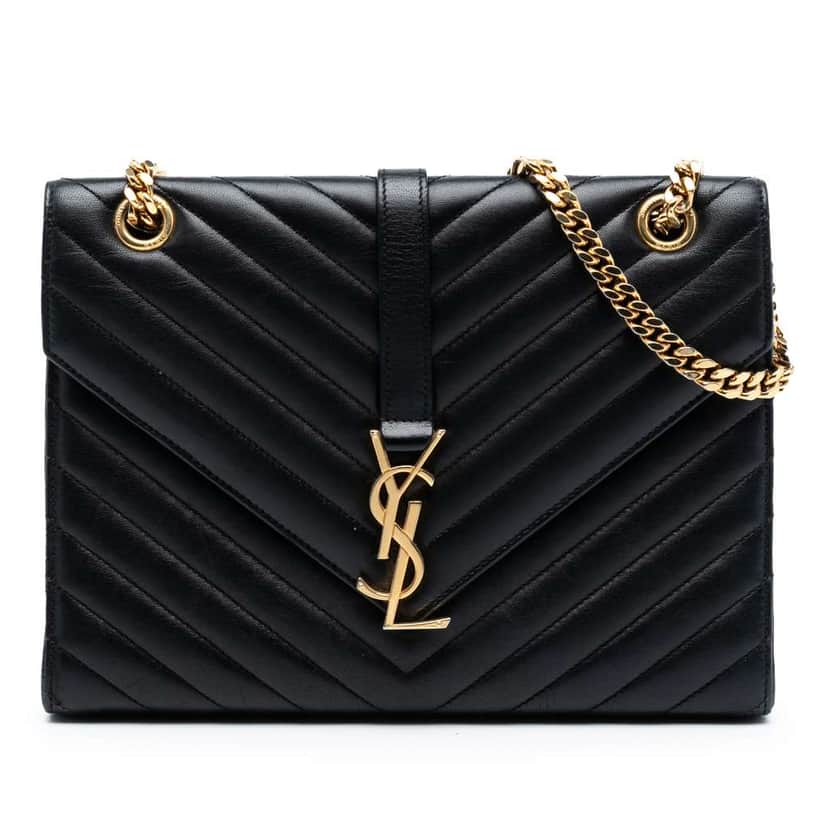 Saint Laurent Medium Chevron Calfskin Monogram Envelope Bag Black Leather Good condition - Front View