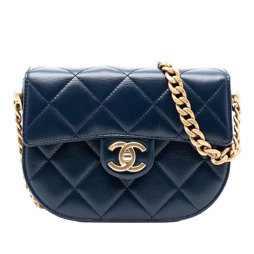 Chanel Mini CC Quilted Shiny Calfskin Round Moon Messenger Flap Blue Leather Good condition - Front View