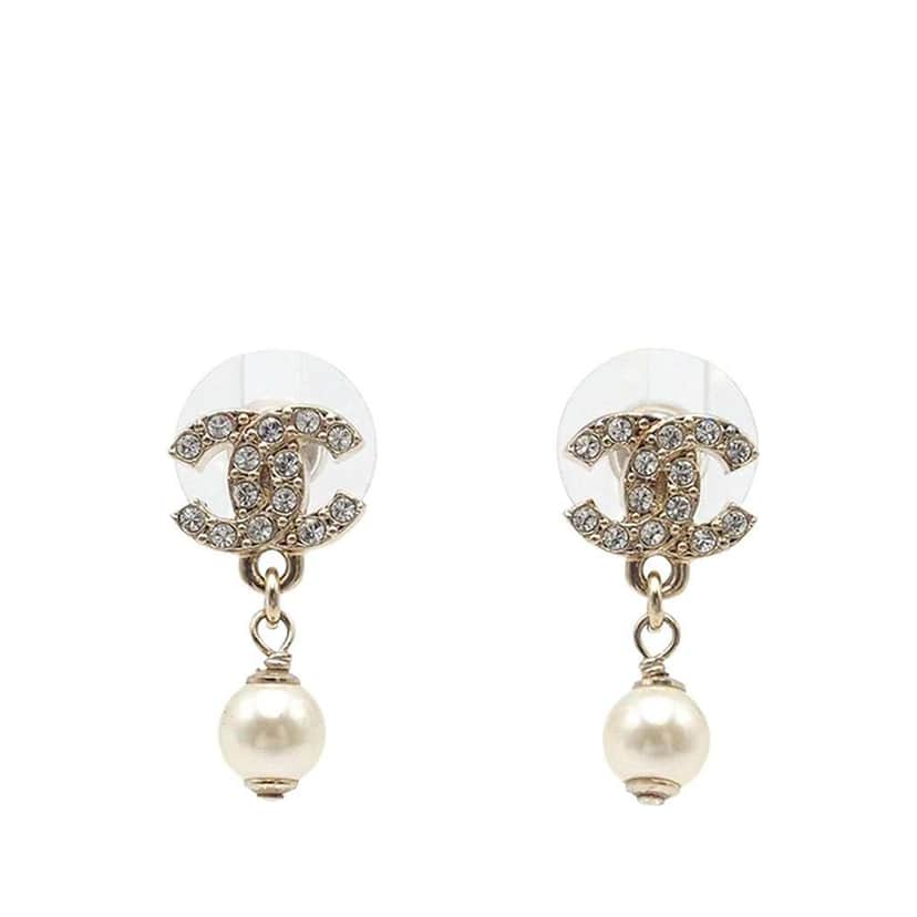Chanel CC Gold Plated Crystal and Faux Pearl Drop Push Back Earrings Gold Metal Good condition - Front View