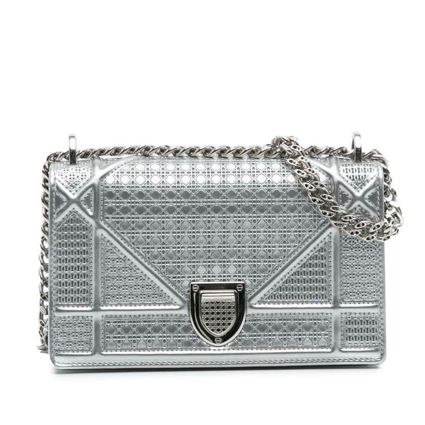 Dior Mini Metallic Patent Microcannage Diorama Flap Silver Leather Good condition - Front View