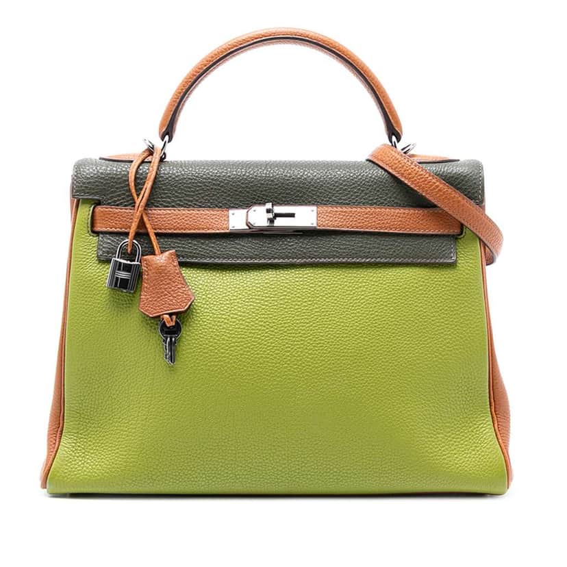 Hermès Tricolor Togo Kelly II Retourne 32 Green Leather Good condition - Front View