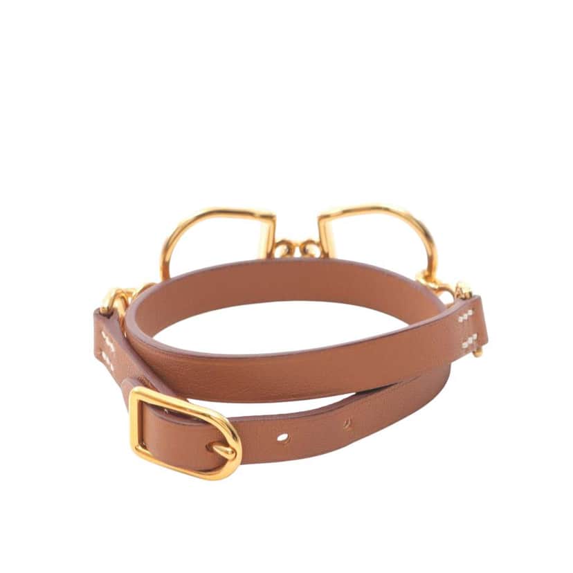 Hermès Swift Gold Plated Etrier Double Tour Bracelet Brown Leather Good condition - Front View