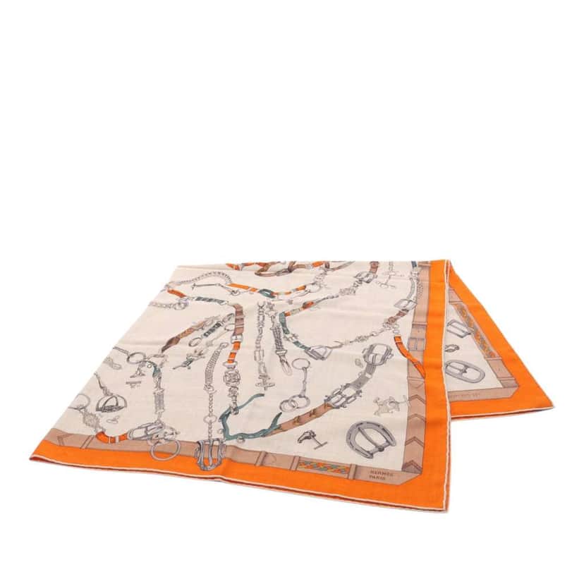 Hermès Les Chevaux Dechaines Cashmere Scarf Brown Wool Good condition - Front View