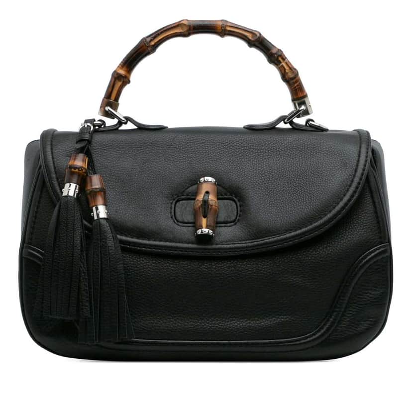 Gucci Large Pebbled Calfskin New Bamboo Top Handle Bag Black Leather Good condition - Front View