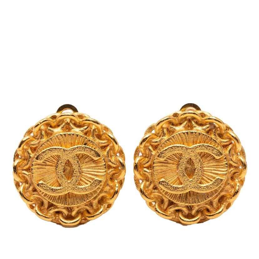 Chanel Gold Plated CC Round Clip On Earrings Gold Metal Good condition - Front View