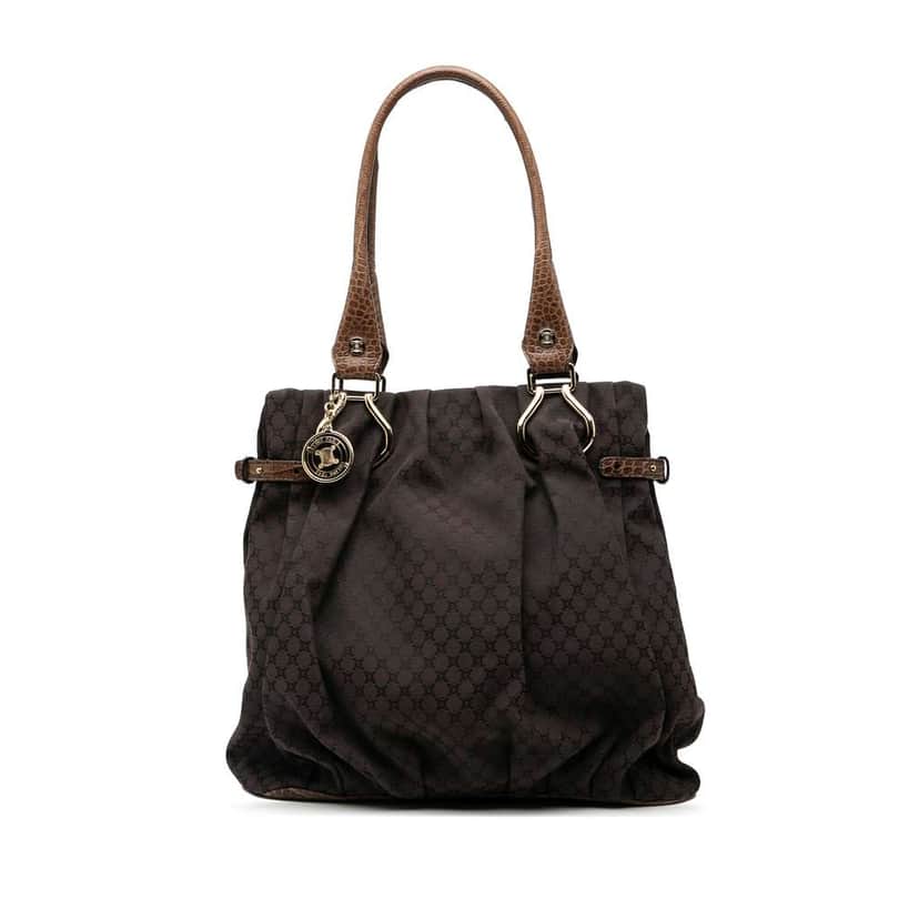 Celine Embossed Leather Trimmed Macadam Canvas Vertical Tote Brown Canvas Very good condition - Front View