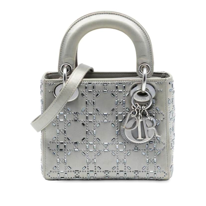Dior Mini Satin Cannage Strass Crystal Embellished Lady Dior Grey Satin Good condition - Front View