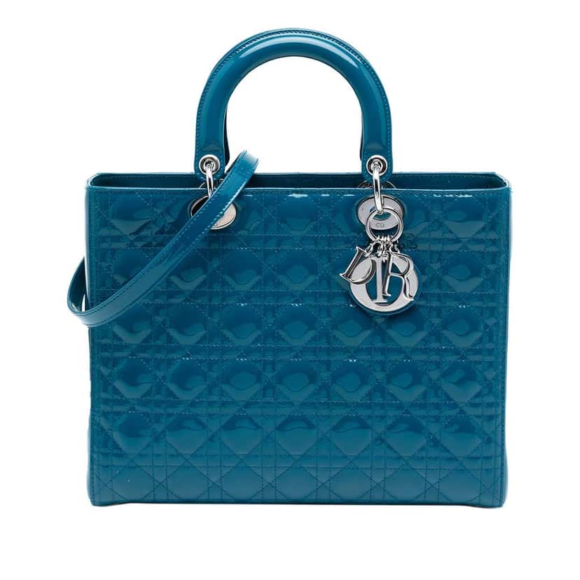 Dior Large Patent Cannage Lady Dior Blue Leather Good condition - Front View