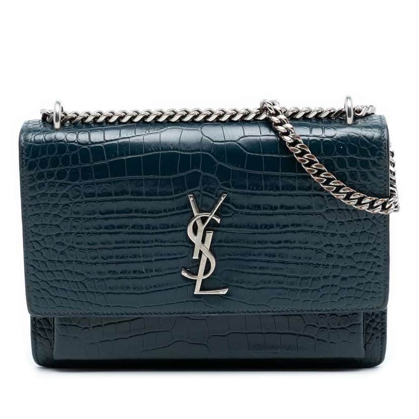 Saint Laurent Medium Croc Embossed Calfskin Sunset Flap Crossbody Blue Leather Good condition - Front View
