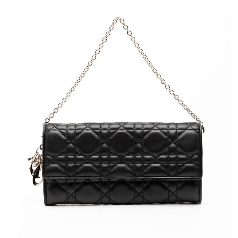 Dior Lambskin Cannage Lady Dior Wallet On Chain Black Leather Good condition - Front View