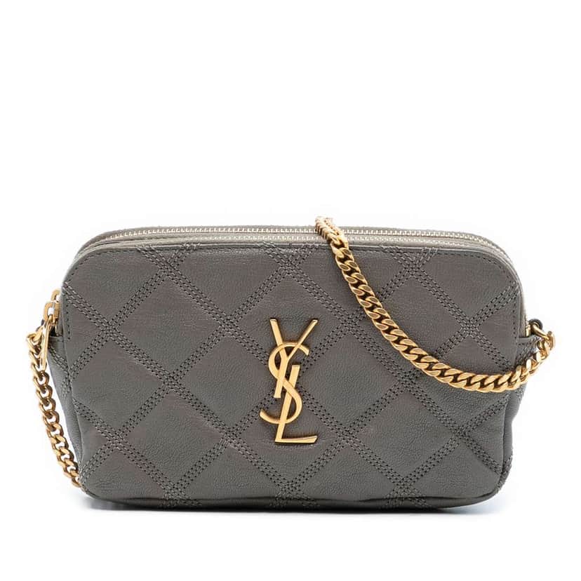 Saint Laurent Mini Quilted Lambskin Becky Double Zip Crossbody Grey Leather Good condition - Front View
