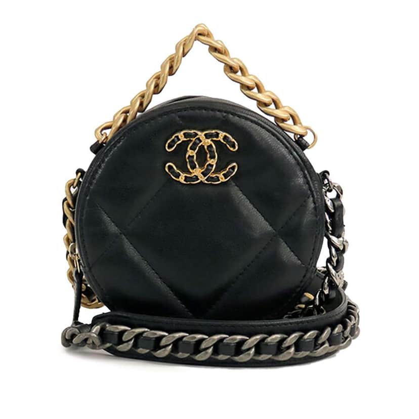 Chanel Quilted Lambskin 19 Round Clutch with Strap Black Leather Good condition - Front View