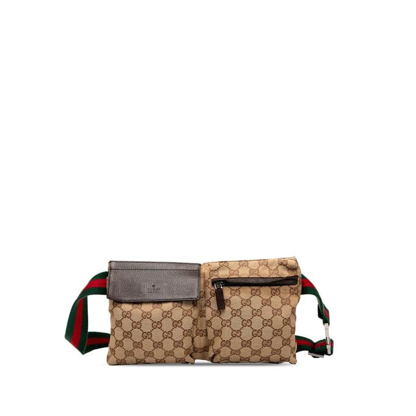 Gucci GG Canvas Web Double Pocket Belt Bag Brown Canvas Good condition - Front View