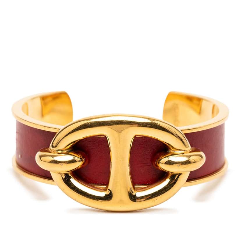 Hermès Gold Plated and Leather Chaine d Ancre Cuff Bracelet Gold Metal Good condition - Front View