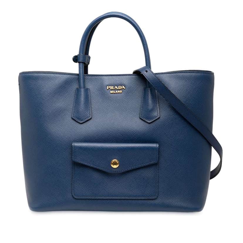 Prada Saffiano Cuir Front Pocket Convertible Tote Blue Leather Good condition - Front View