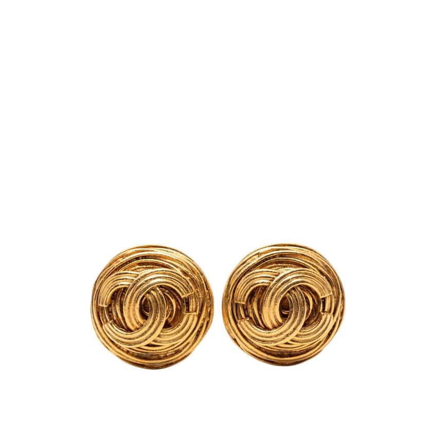 Chanel CC Gold Plated Round Clip On Earrings Gold Metal Good condition - Front View