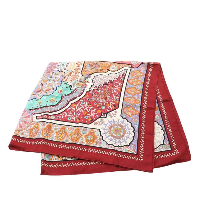 Hermès Aux Portes du Palais Cashmere Silk Shawl 140 Red Wool Good condition - Front View