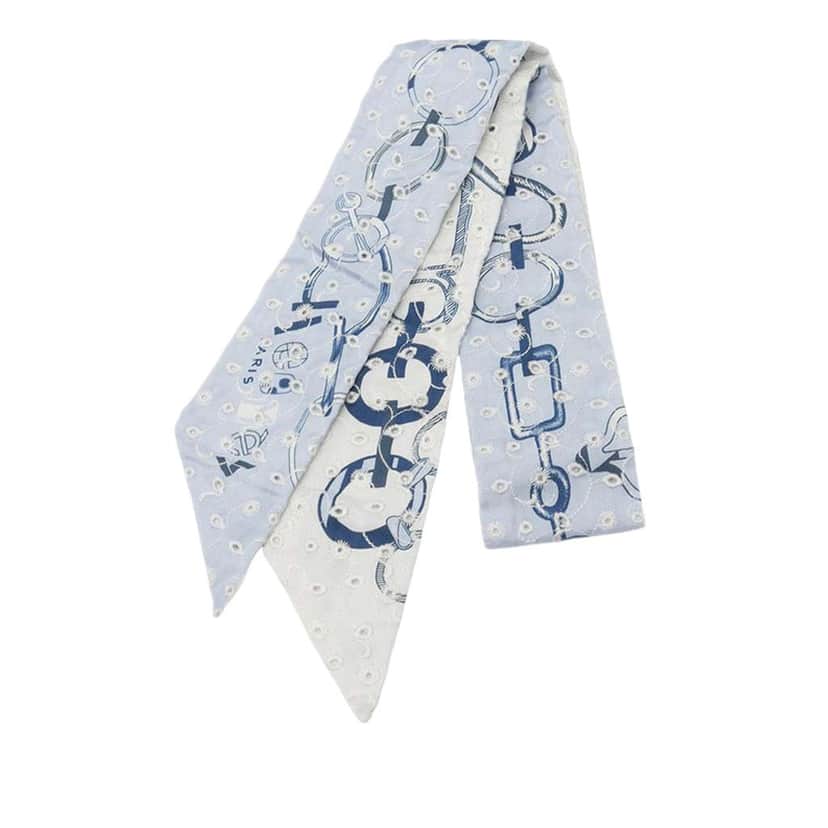 Hermès Do Re Boucles Broderie Anglaise Embroidered Silk Twilly Scarf White Silk Very good condition - Front View