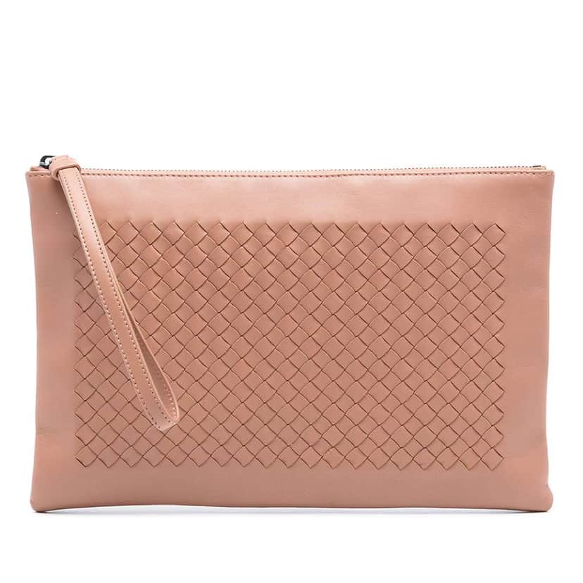Bottega Veneta Nappa Intrecciato Zip Wristlet Pouch Brown Leather Good condition - Front View