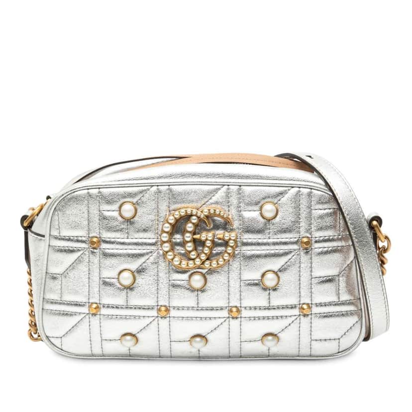 Gucci Small GG Marmont Pearl Studded Matelasse Leather Aria Crossbody Silver Leather Very good condition - Front View