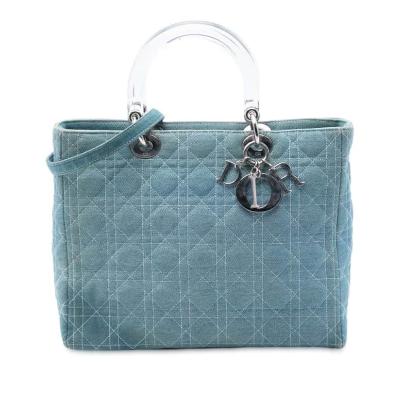 Dior Large Denim Cannage Acrylic Handles Lady Dior Blue Denim Very good condition - Front View