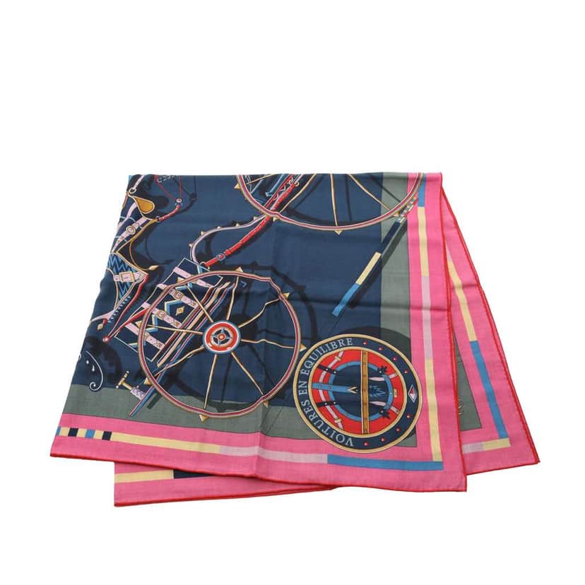 Hermès Voitures En Equilibre Cashmere Silk Shawl 140 Blue Wool Very good condition - Front View