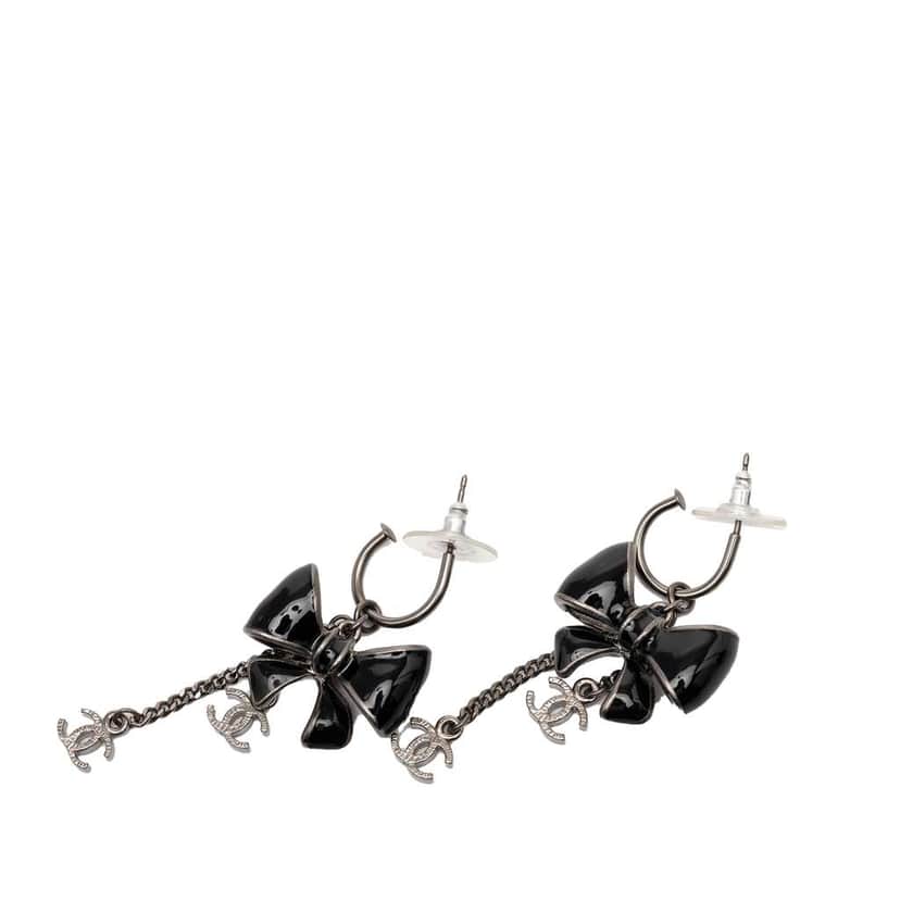 Chanel Enamel CC Bow Ribbon Fishhook Wires Earrings Black Good condition - Front View