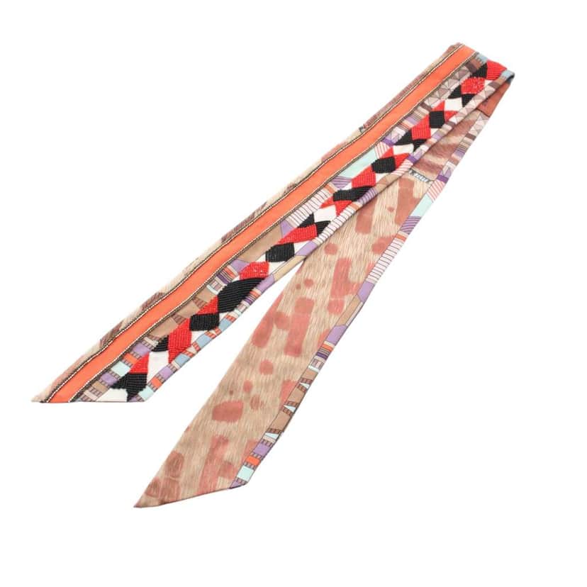 Hermès Beaded Pelages et Camouflage Precieux Silk Twilly Scarf Brown Silk Good condition - Front View