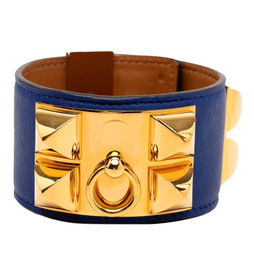 Hermès Swift and Gold Plated Collier de Chien Bracelet Blue Leather Good condition - Front View