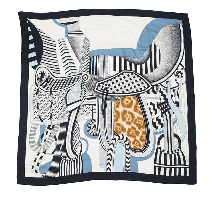 Hermès La Selle Imaginaire Cashmere Silk Shawl 140 White Wool Good condition - Front View