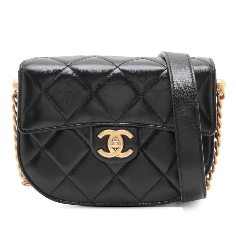 Chanel Mini CC Quilted Shiny Calfskin Round Moon Messenger Flap Black Leather Good condition - Front View