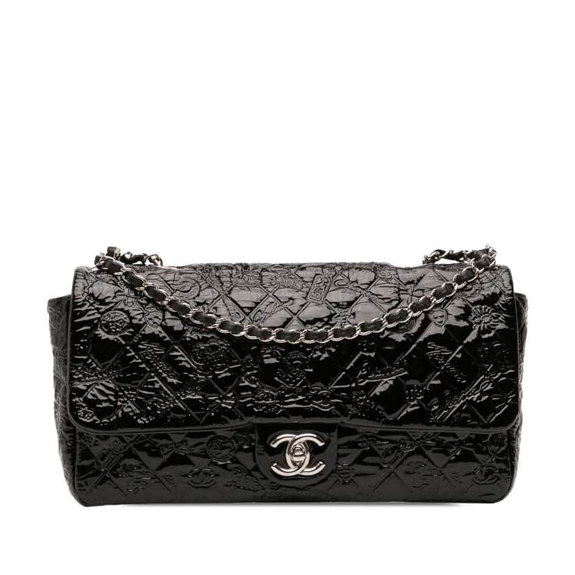 Chanel Jumbo Patent Embossed Lucky Symbols Flap Black Leather Good condition - Front View