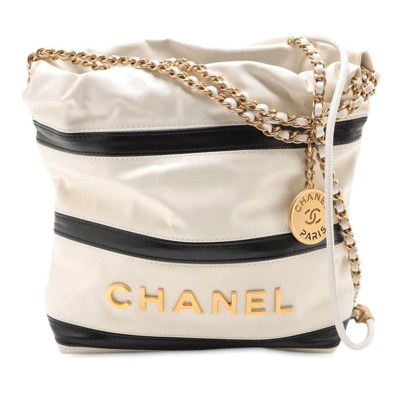 Chanel Mini Shiny Calfskin Striped 22 Handbag White Leather Good condition - Front View