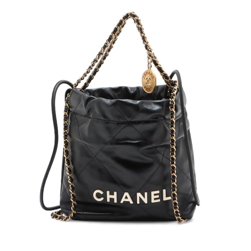 Chanel Mini Shiny Calfskin 22 Handbag Black Leather Good condition - Front View