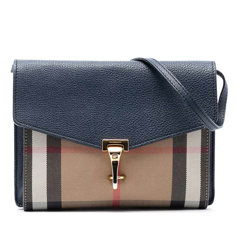 Burberry Small Leather and House Check Canvas Derby Macken Crossbody Blue Canvas Very good condition - Front View