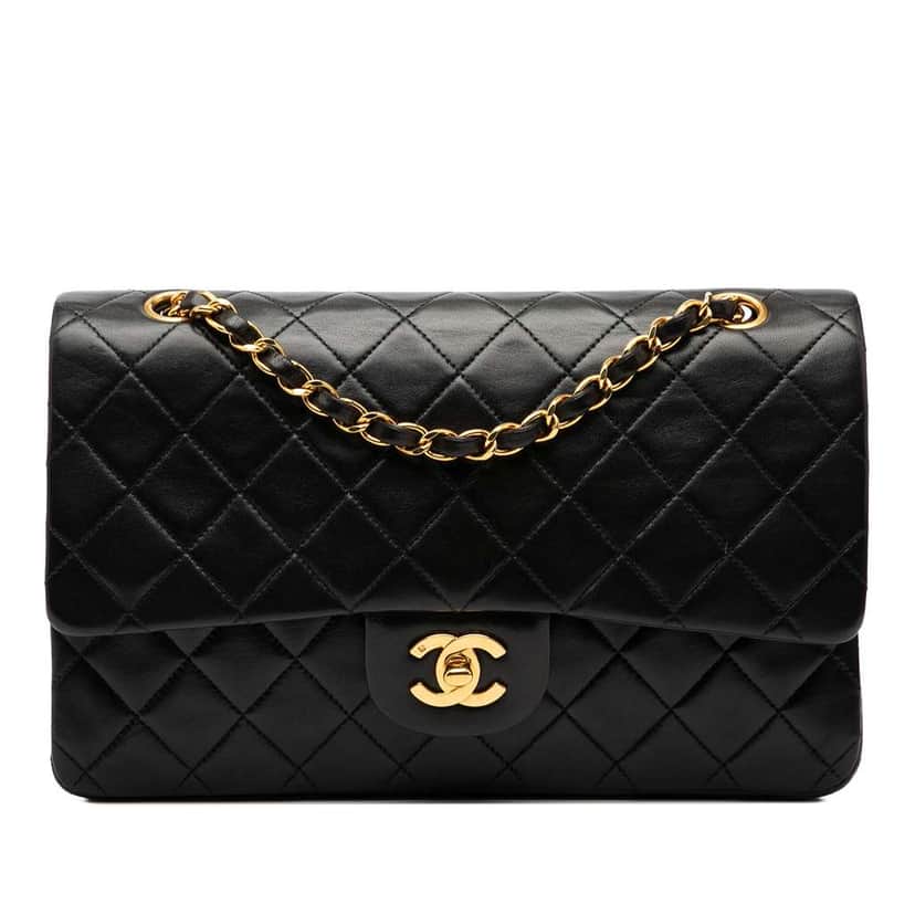 Chanel Medium Classic Lambskin Double Flap Black Leather Good condition - Front View