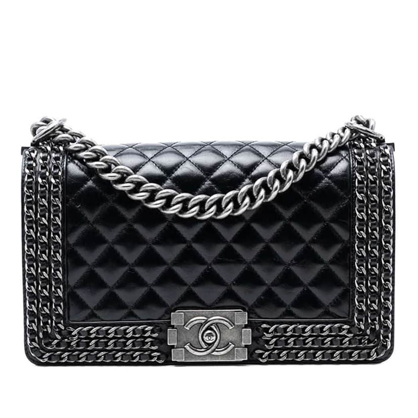 Chanel Old Medium Quilted Glazed Calfskin Chain Around Boy Flap Black Leather Good condition - Front View