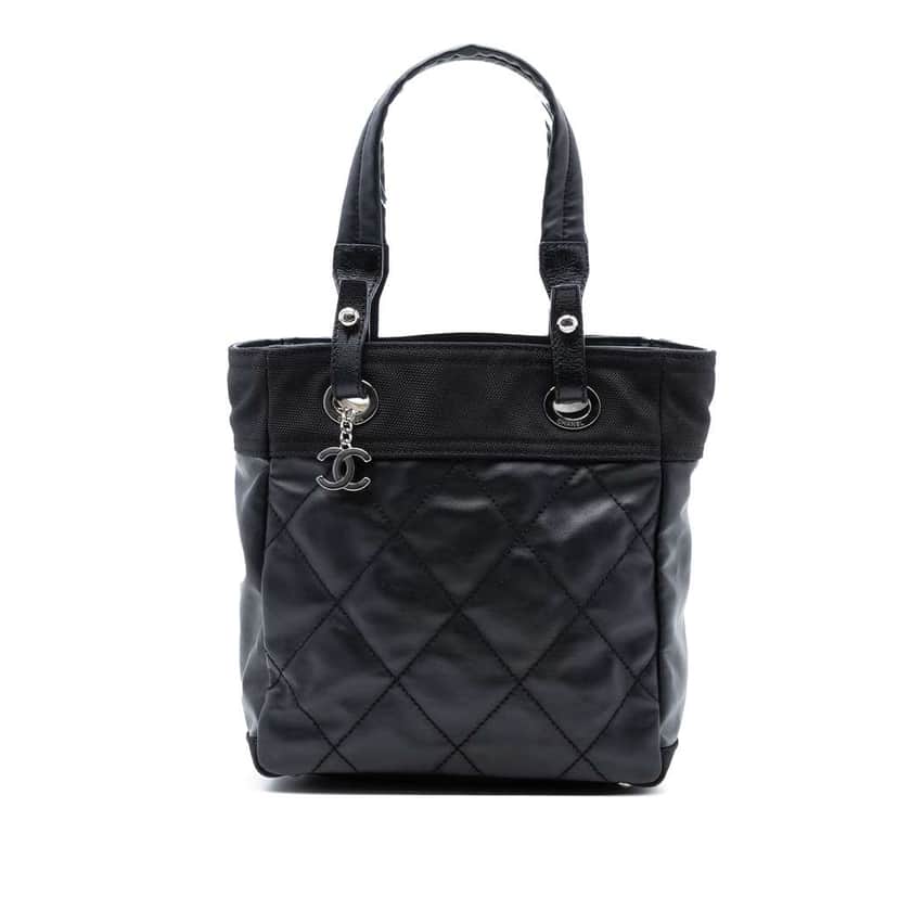 Chanel Small Quilted Coated Canvas Paris Biarritz Tote Black Canvas Very good condition - Front View