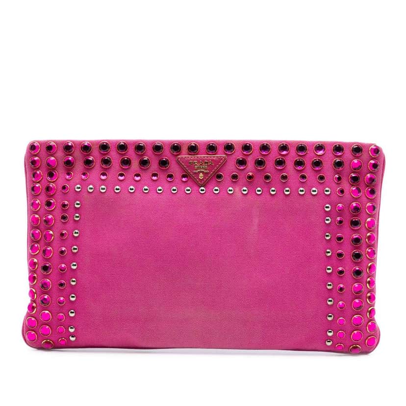Prada Canvas Canapa Studded Vernice Clutch Pink Canvas Good condition - Front View