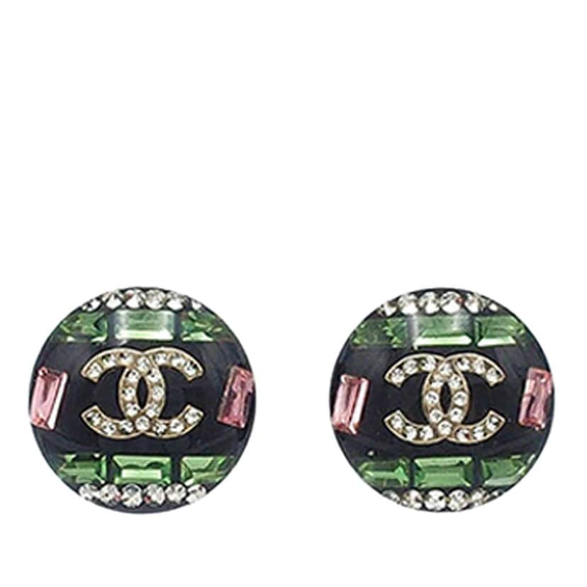 Chanel CC Resin Rhinestones Round Push Back Earrings Black Very good condition - Front View