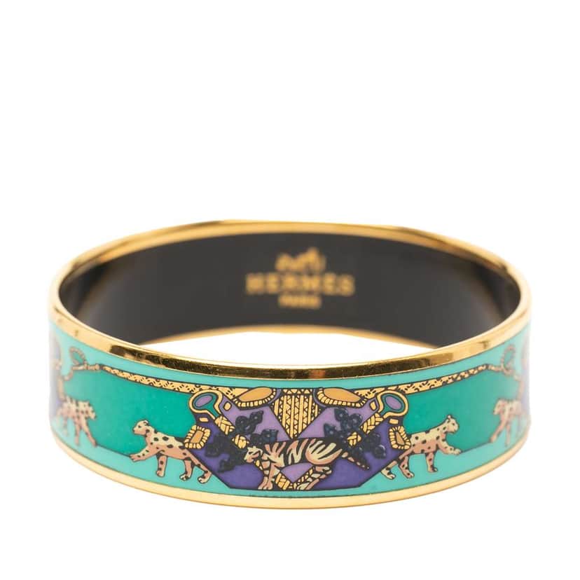 Hermès Wide Snow Leopards Enamel Bangle 62 Green Good condition - Front View