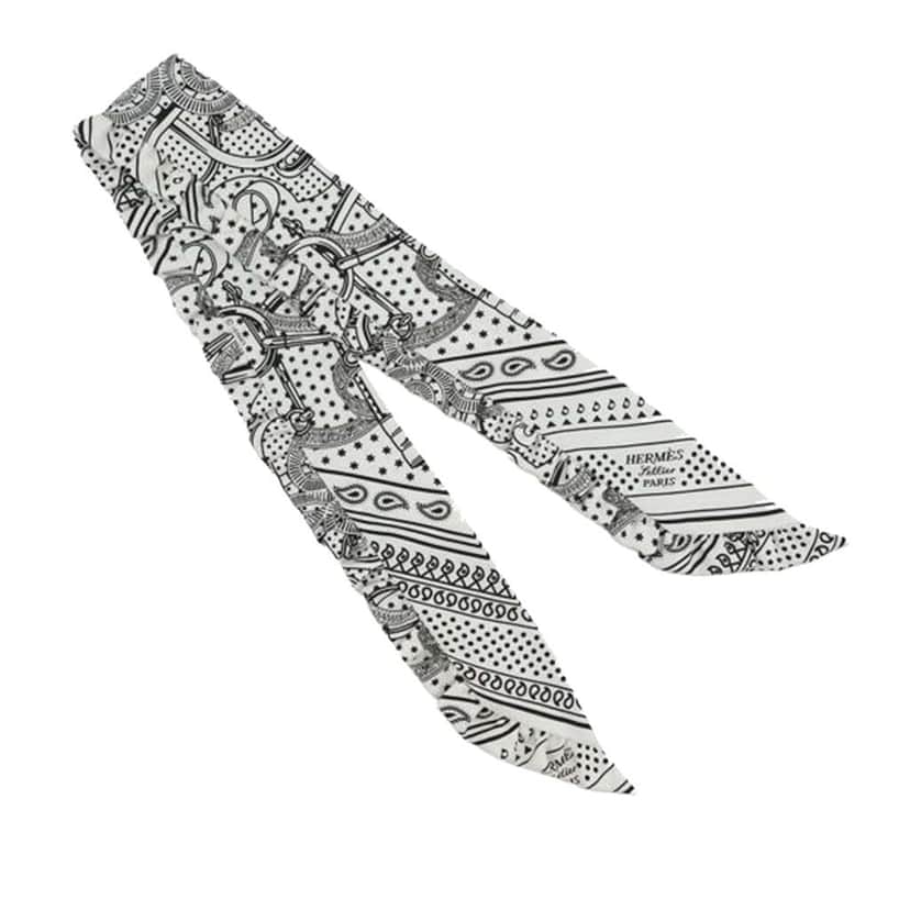 Hermès Eperon d Or Bandana Ruffled Twilly Silk Scarf White Silk Good condition - Front View